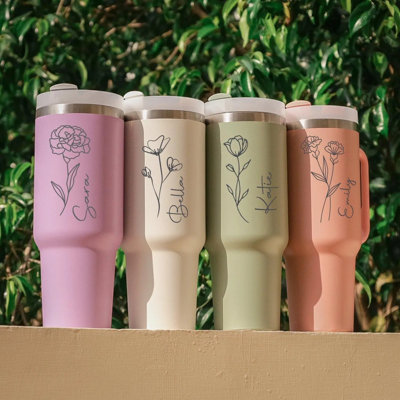 Customized 40oz Tumbler with Handle & Straw, Personalized with Name and Birth Flower