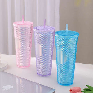Diamond Cup Double-Layer Plastic Straw Cup with LED Light (Random Colors) - 700 ml
