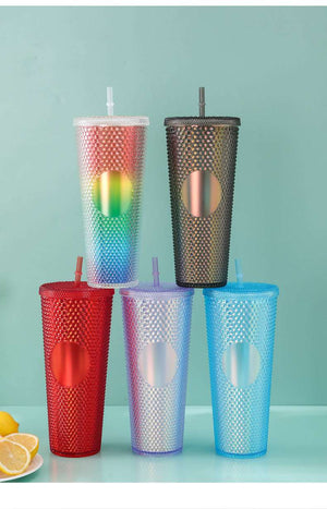 Diamond Cup Double-Layer Plastic Straw Cup (Random Colors) - 700 ml