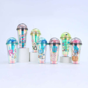 Creative Astronaut Print Plastic Cup Double Layer Portable Cute Water Cup with Straw and LED Light