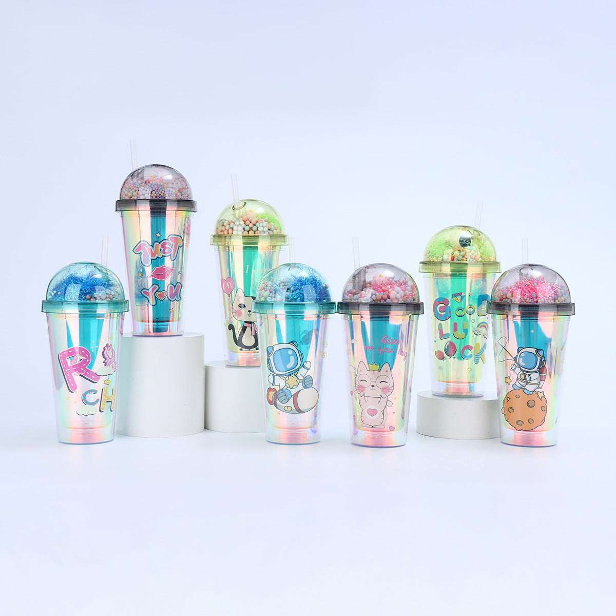 Creative Astronaut Print Plastic Cup Double Layer Portable Cute Water Cup with Straw and LED Light